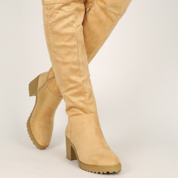 Almond Toe Lug Chunky Heel Over The Knee Boots - Picture 3 of 5